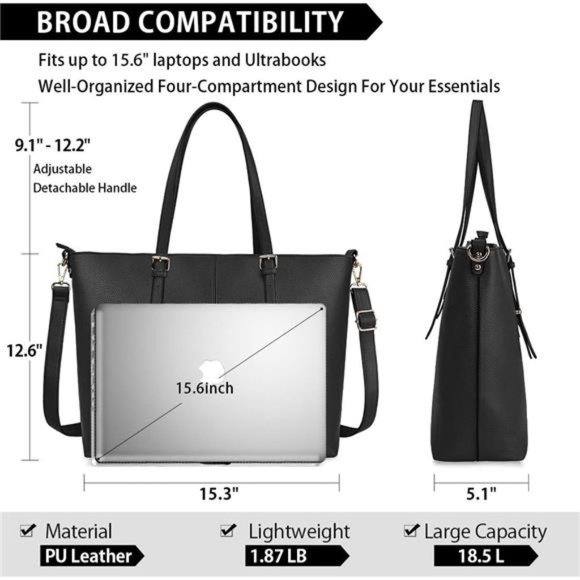 Laptop Tote Computer Bag for Women 15.6 Inch Waterproof Lightweight Leather - Picture 2 of 6